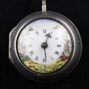 A George III silver and enamel pair cased keywind verge pocket watch, by Geo. Harrison,
