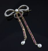 A gold, ruby, diamond and cultured pearl set brooch, 2.5in. A gold, ruby, diamond and cultured pearl