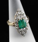 A Victorian style gold, emerald and diamond marquise shaped dress ring, size M. A Victorian style