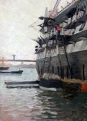 James-Jacques-Joseph Tissot (1836-1902) View alongside a war ship, 16 x 12in. James-Jacques-Joseph