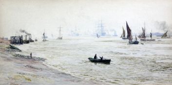 William Lionel Wyllie (1851-1931) Shipping and Thames barges, 9 x 17.5in. William Lionel Wyllie (