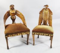 Two Egyptian Revival carved walnut, inlaid and bone inlaid chairs, late 19th / early 20th century,