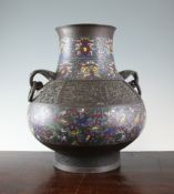 A large Japanese champleve, enamel and bronze vase, late 19th century, 14.3in. A large Japanese