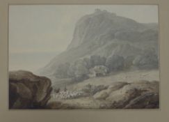 Hugh `Grecian` Williams (1773-1829) Shepherd and flock with hilltop castle beyond, Hugh `Grecian`