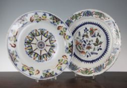 Two English delftware dishes, 18th century, 13in. Two English delftware dishes, 18th century, the