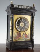 A Victorian ebonised, brass and black marble mantel clock, 17.5in. A Victorian ebonised, brass and