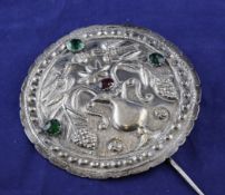 An early 20th century Indian? repousse silver and paste set hair ornament, disc 5in. An early 20th