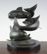 James Butler, 20th century. A bronze sculpture of three circling dolphins, 10in. James Butler,