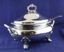 A late Victorian silver plated two handled soup tureen and cover by Walker & Hall & soup ladle. A