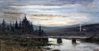 Olaf Carl Seltzer (1877-1957) River landscape at sunset with camp fire, 7 x 13.75in. Olaf Carl