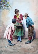 Silvia Risegari Woman and children with a birdcage, 10 x 8in. Silvia Risegariwatercolour,Woman and