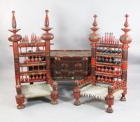 An Indian painted teak chest & 2 chairs An Indian painted teak chest, with central hinged lid and