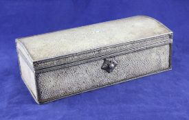 A 1930`s Arts & Crafts silver and shagreen mounted walnut box, attributed to John Paul Cooper, 8.5in