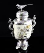 A Japanese shibayama style silver and enamel two handled vase, Meiji period, 5.2in. A Japanese