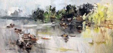 Nguyen Tri Minh (1924-) River landscape, 18 x 38in.; unframed Nguyen Tri Minh (1924-)oil on canvas,
