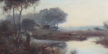 Eugene Ws…. River landscapes with children on the banks, 12 x 24in. Eugene Ws….pair oils on canvas,