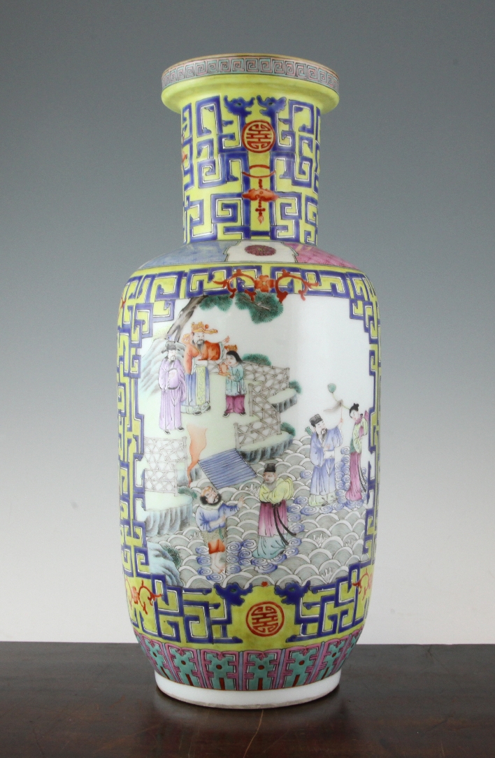 A Chinese famille rose rouleau vase A Chinese famille rose rouleau vase, Jiaqing seal mark, Republic