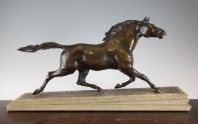 A French patinated metal model of a stallion, 24in. A French patinated metal model of a stallion, on