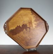 An Emile Galle marquetry inlaid octagonal tray, 19.5in. An Emile Galle marquetry inlaid octagonal