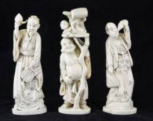 Three Japanese walrus ivory carvings of immortals Three Japanese walrus ivory carvings of immortals,