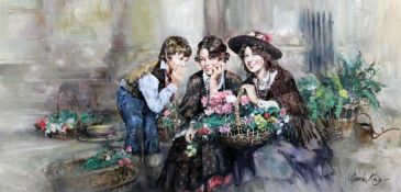 Gordon King (1939-) Covent Garden flower sellers, 20 x 40in. Gordon King (1939-)oil on canvas,Covent