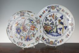 Two English delftware dishes, mid 18th century, 13.5in. and 11.75in. Two English delftware dishes,