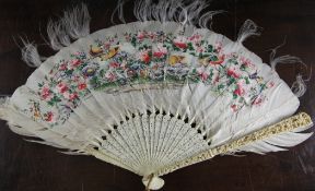 A Chinese export ivory and painted feather fan, 19th century, sticks 11in. A Chinese export ivory