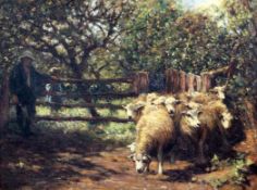 John Robert Keitley Duff (1862-1938) Shepherd and flock beside an orchard, 14 x 18in. John Robert