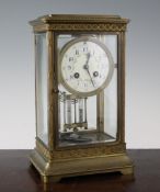 An early 20th century French gilt brass four glass mantel clock, 11.5in. An early 20th century