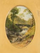 Edmund Gill (1820-1894) Waterfall and stream beneath a stone bridge, ovals: 8 x 5.5in. Edmund