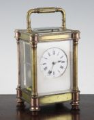 An early 20th century French hour repeating carriage clock, 6.25in., with original leather