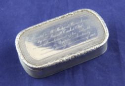 An early Victorian silver table snuff box with later engraved cricket related inscription, 3.75in.