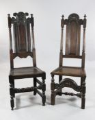 4 oak back stools A pair of late 17th century oak back stools, with C scroll carved crest and two