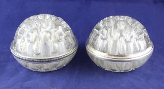 Two early 20th century French silver mounted glass flower spreaders, height 4in. Two early 20th