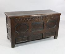 An 18th century panelled oak mule chest, W.3ft 9in. An 18th century panelled oak mule chest,