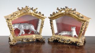 A pair of Meissen style porcelain models of leopards, 9.25in. A pair of Meissen style porcelain
