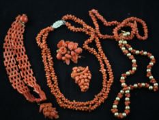 Four coral bead necklaces and two coral brooches, Four coral bead necklaces and two coral