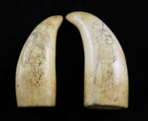 A pair of 19th century scrimshaw whales teeth, both 4in. A pair of 19th century scrimshaw whales