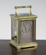 An early 20th century French brass hour repeating carriage clock, 5.25in. An early 20th century