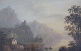 James Baker Pyne (1800-1870) Mountainous river landscape with figures in a boat, 7.5 x 11.5in. James