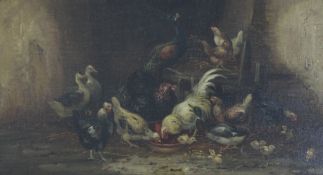 Claude Guilleminet (French, 1821-1866) Chickens, ducks and peacock in a barn, 13 x 25in. Claude