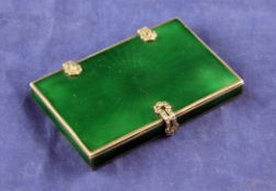 A 1930`s continental engine turned silver and green guilloche enamel pill box, 3in. A 1930`s