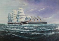 T.H. Porthero Clipper ship and liner at sea, 24 x 36in. T.H. Portherooil on board,Clipper ship and