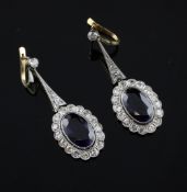 A pair of gold, synthetic sapphire and diamond drop earrings, A pair of gold, synthetic sapphire and