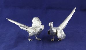 A modern pair of silver pheasants, modelled as a cock and hen, 12.5 oz. A modern pair of silver