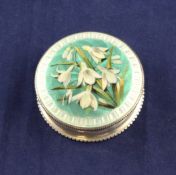 An Edwardian silver and guilloche enamel circular pill box by William Hair Haseler, 1.75in. An