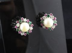 A pair of 18ct white gold, cultured pearl and multi gem set cluster earrings. A pair of 18ct white