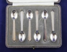 A 1930`s cased set of six Georg Jensen sterling silver pyramid pattern coffee spoons, A 1930`s cased