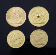 A Victoria 1892 gold sovereign, two gold half sovereigns, 1899 & 1901 & 1 other sovereign. A