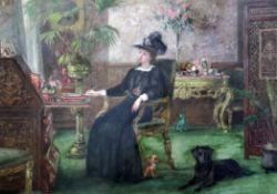 John Parker Interior with seated lady and two dogs 19 x 27in. John Parkerwatercolour,Interior with